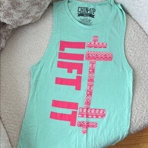 Chin Up Apparel Aqua Tank with Pink Dumbbell Design